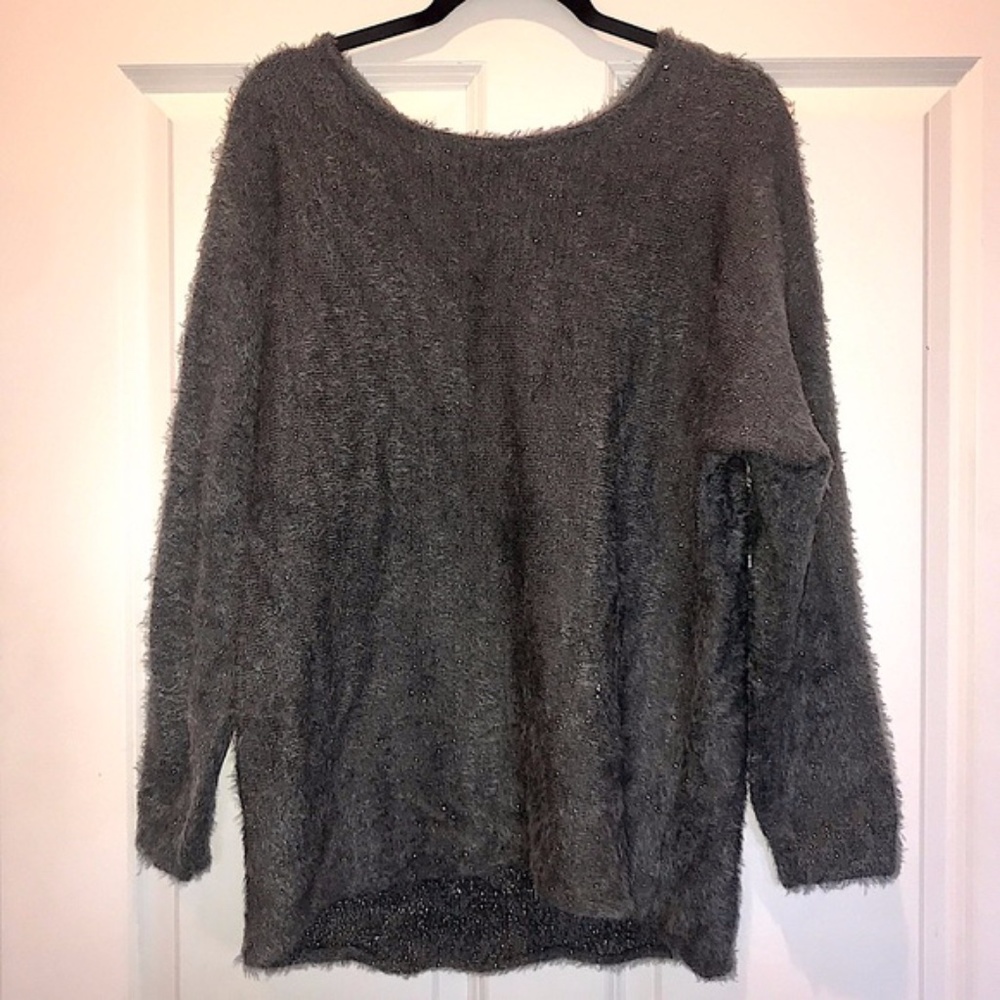 Nine West Fuzzy Dark Grey Shimmer Sweater